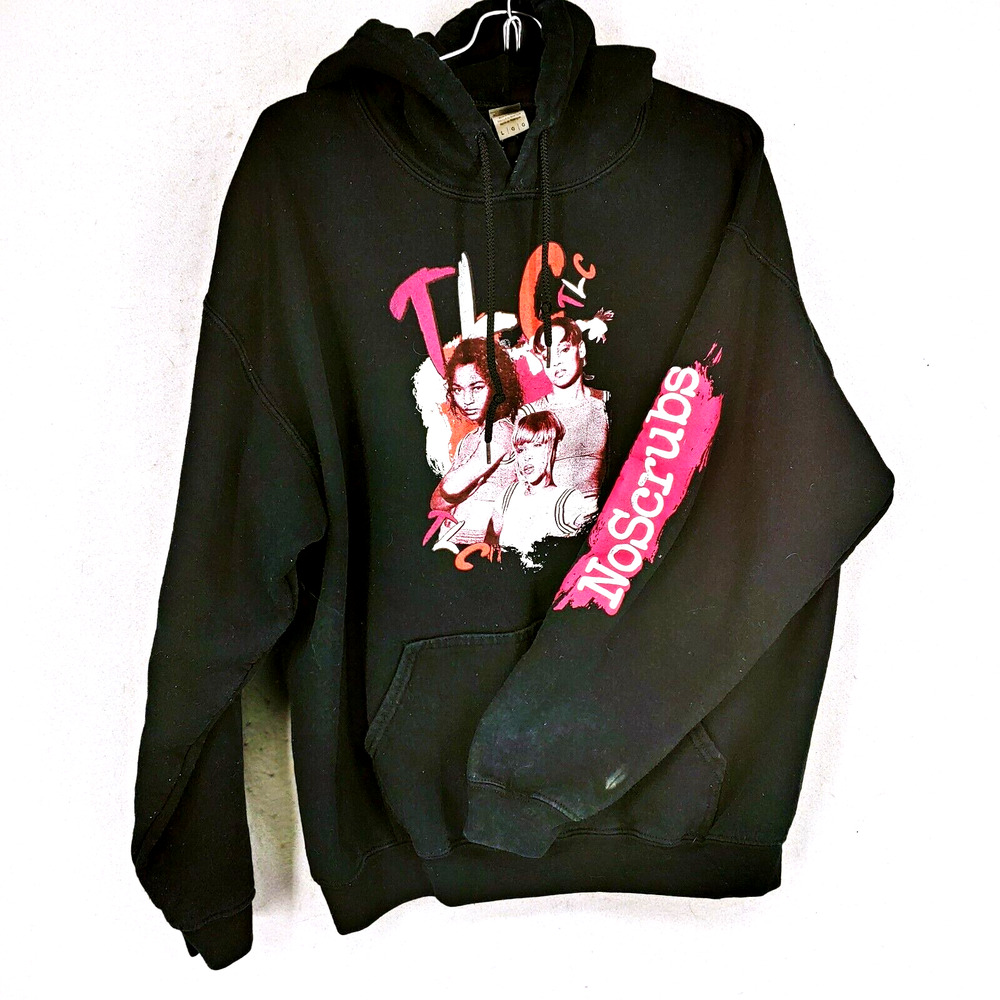 TLC "No Scrubs" Graphic Hoodie Black Sweatshirt Lg Chilli T Boz Left Eye 90's